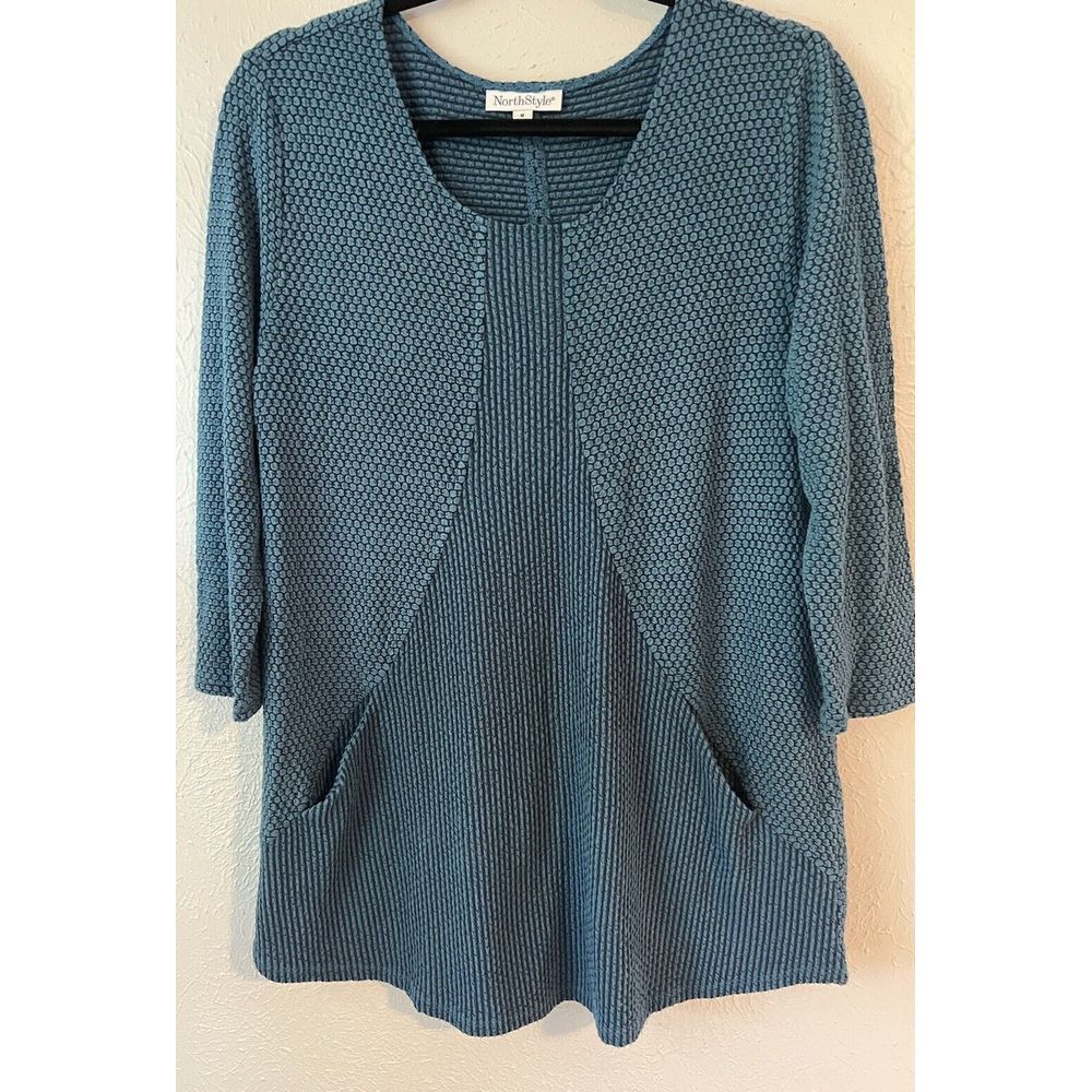 North Style-Blue Green Polka Dot Textured Long Sleeve Knit Top Tunic-Pockets Med